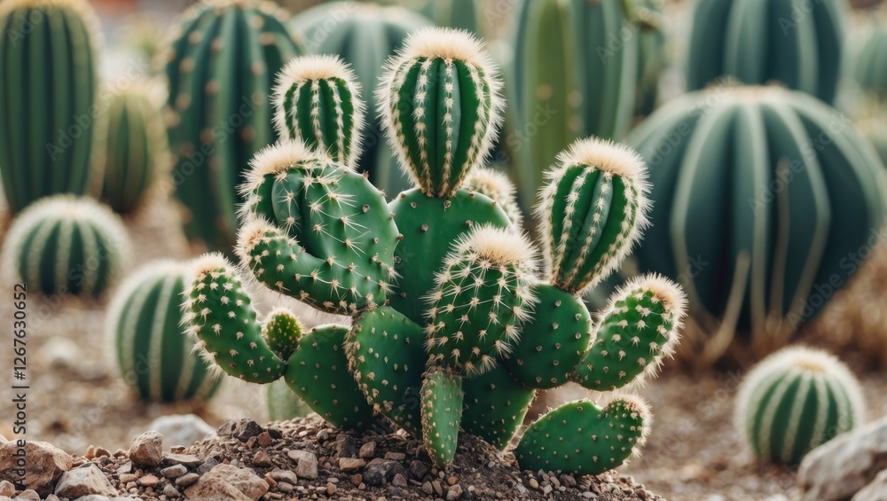 Leinwandbilder Green Cactus Cluster in Natural Setting with Abstract Background Nature Scene and Space for Text or Creative Design Elements