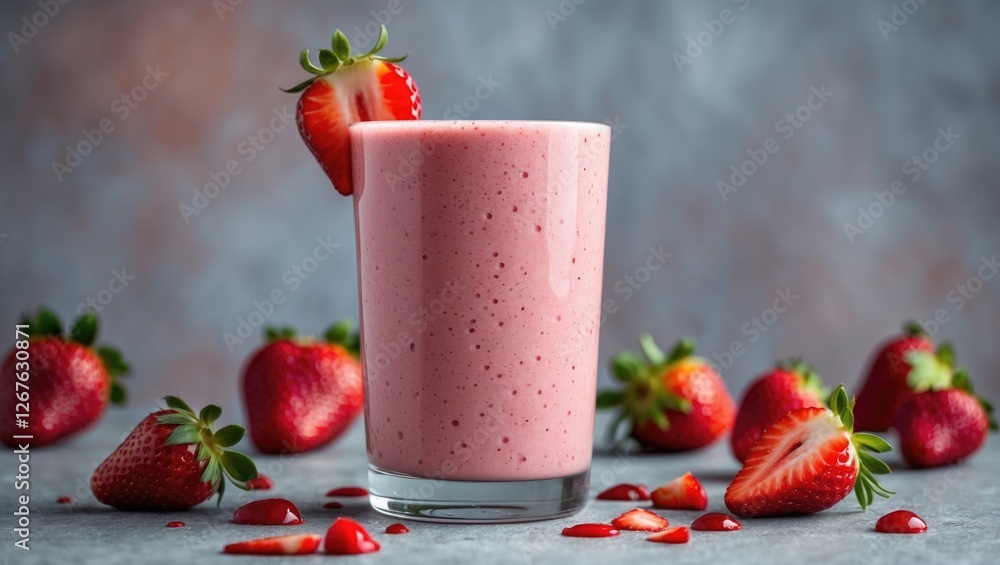 Poster refreshing strawberry smoothie in glass garnished with fresh strawberries on a textured background s