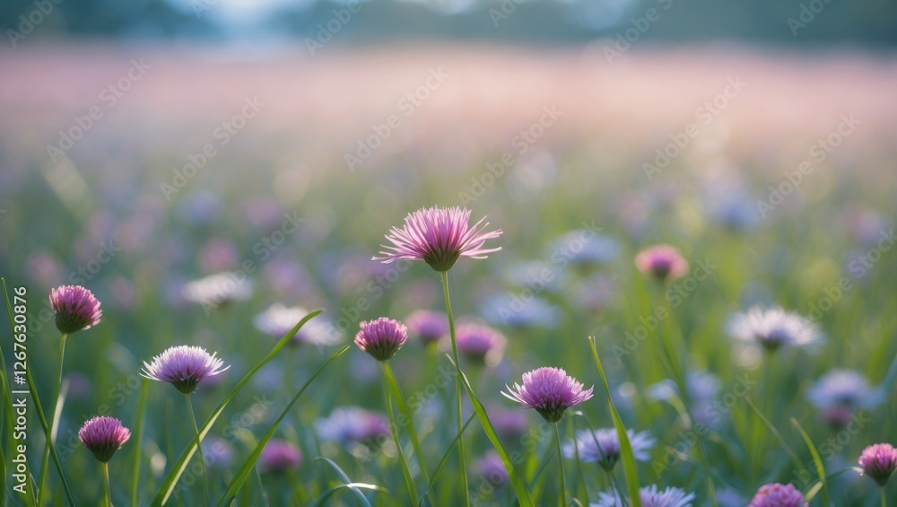 Aufkleber Beautiful Meadow with Colorful Flowers and Soft Focus Background Creating Space for Text or Graphic Overlays