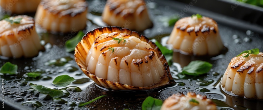 Poster grilled scallops arranged on a plate garnished with herbs showcasing textures and colors with ample 