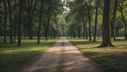 Fototapeta premium Tranquil Forest Park Footpath Surrounded By Lush Green Trees With Ample Space For Text And Relaxation