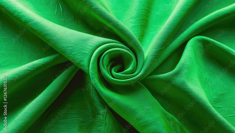 Poster Vibrant green fabric swirling texture creating an abstract background with smooth and dynamic folds for creative design purposes.