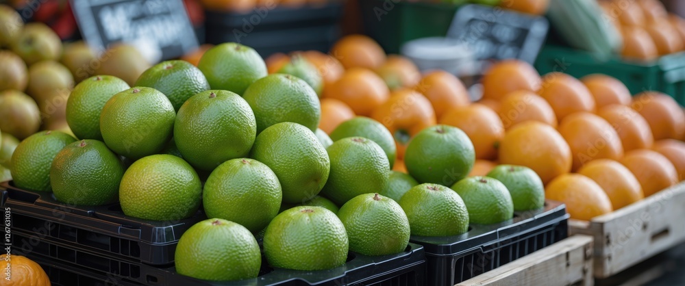Aufkleber fresh green mandarine fruits stacked in black plastic crates at a vibrant market with oranges in the