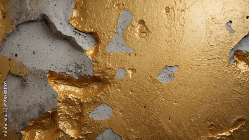 Poster textured gold concrete wall with peeling layers showcasing a mix of metallic sheen and raw concrete 