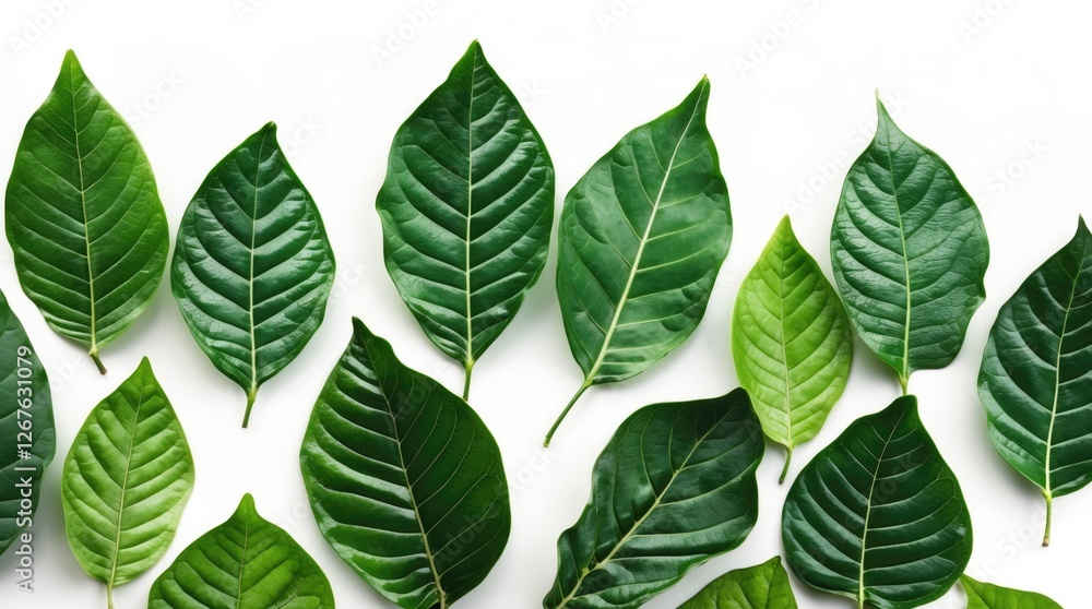 Poster assorted green leaves arranged artistically on a white background showcasing various shapes and text