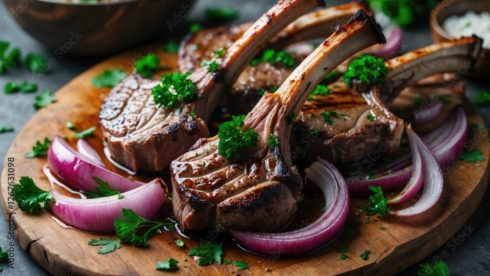 Poster Grilled Lamb Chops Garnished with Fresh Parsley and Onion on a Wooden Board with Empty Space for Text or Branding