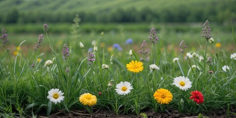 Colorful Wildflowers in a Lush Green Field with Space for Text Overlay in a Serene Rural Setting