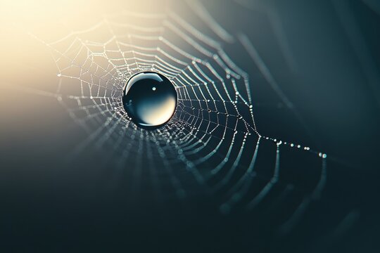 Dewdrops on spider web in morning light
