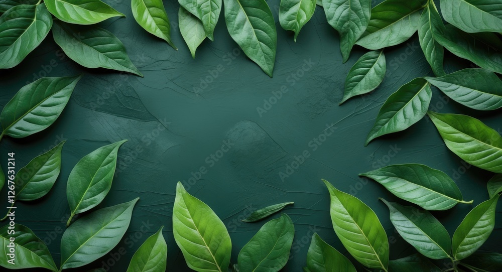 Poster Lush Green Leaves Framing Rich Textured Background With Clear Space For Custom Text or Branding Elements