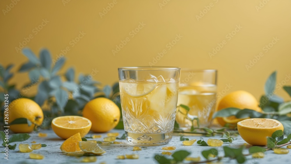 Poster refreshing lemonade with ice in elegant glasses on a vibrant yellow background surrounded by fresh l