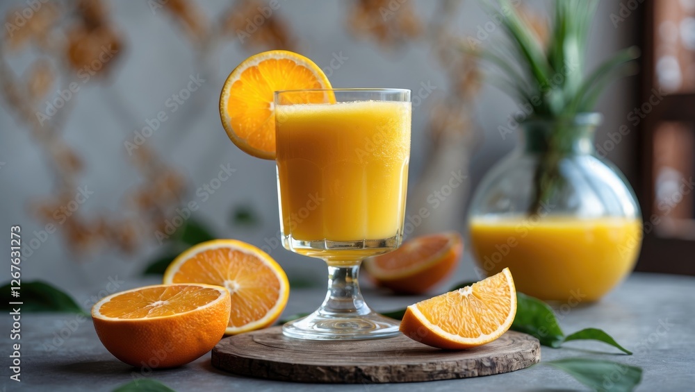 Aufkleber Freshly Squeezed Orange Juice in Glass with Slices on Table Surrounded by Oranges and Copy Space for Text
