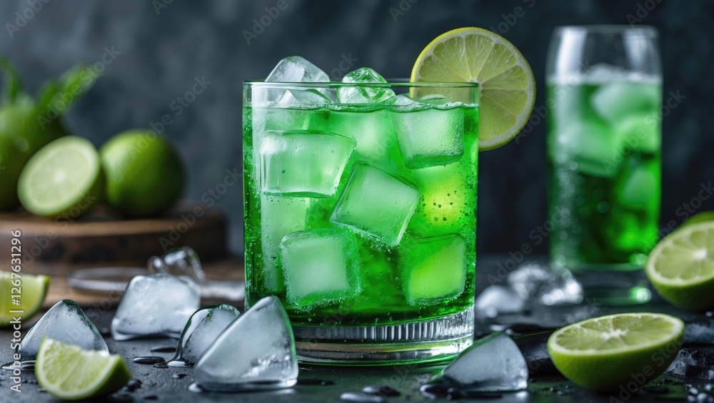 Poster Refreshing Green Soda with Ice and Lime Garnish in a Stylish Glass Setting