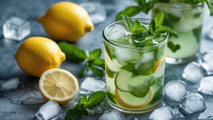 Fototapeta premium Refreshing Mojito Cocktail with Lemon and Mint Surrounded by Fresh Lemons and Ice on a Cool Stone Surface