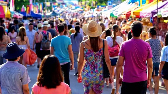 Young woman wearing a hat, exploring a bustling outdoor flea market in a city.