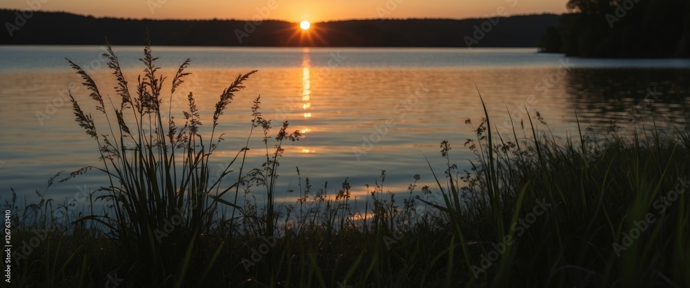 Fototapete serene sunset over lake with grass silhouette natural background featuring tranquil waters and space