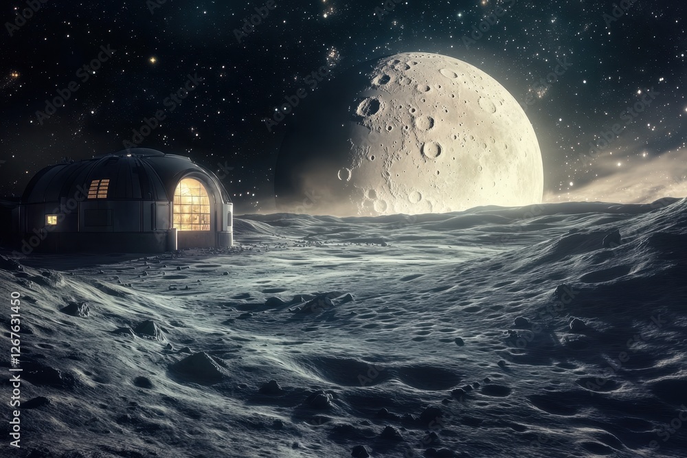 Poster exploration hub on the lunar surface with a view of a large moon