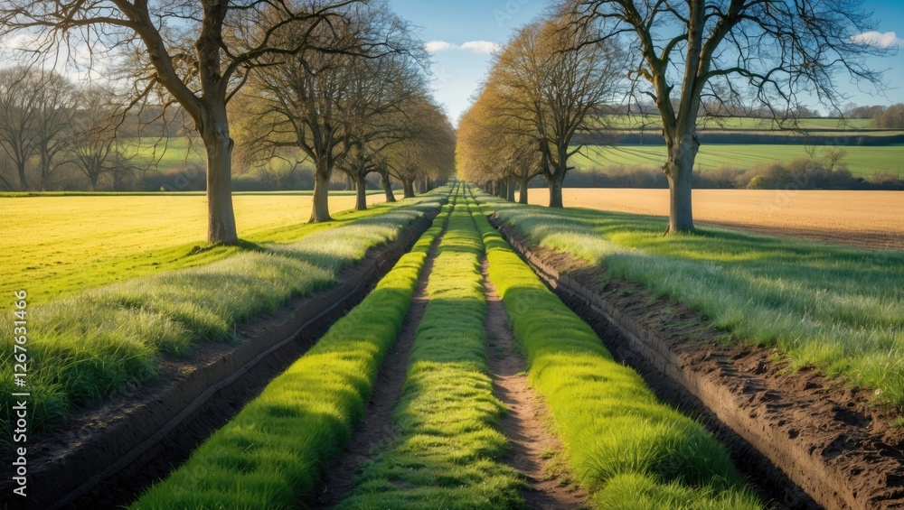Poster serene grassy pathway through trenches framed by trees with lush fields under bright blue sky in bea