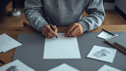 a grey luxury table, studio lighting, young white man hands sketching a luxury heavyweight 1000GSM hoodie, multiple papers on desk, working to create clothing brand