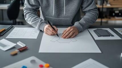 a grey luxury table, studio lighting, young white man hands sketching a luxury heavyweight 1000GSM hoodie, multiple papers on desk, working to create clothing brand