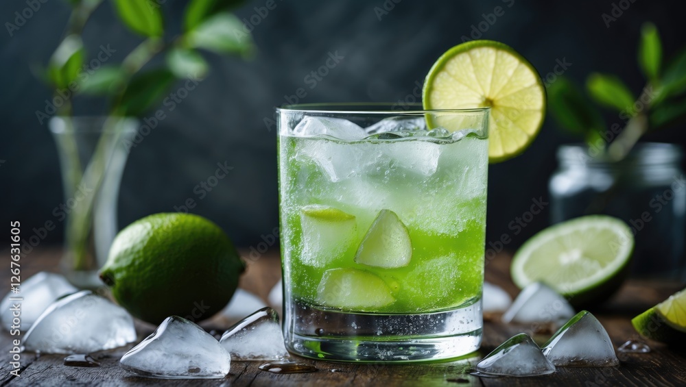 Poster refreshing lime soda cocktail with ice in a glass surrounded by fresh limes and ice cubes on a rusti