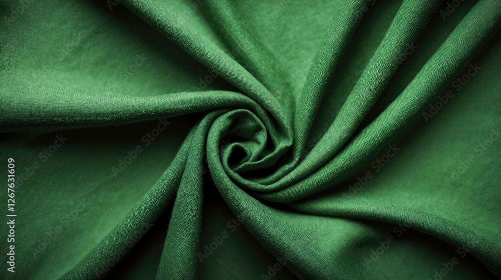 Poster Textured green fabric close-up showing intricate folds and smooth weave ideal for backgrounds and textile design projects