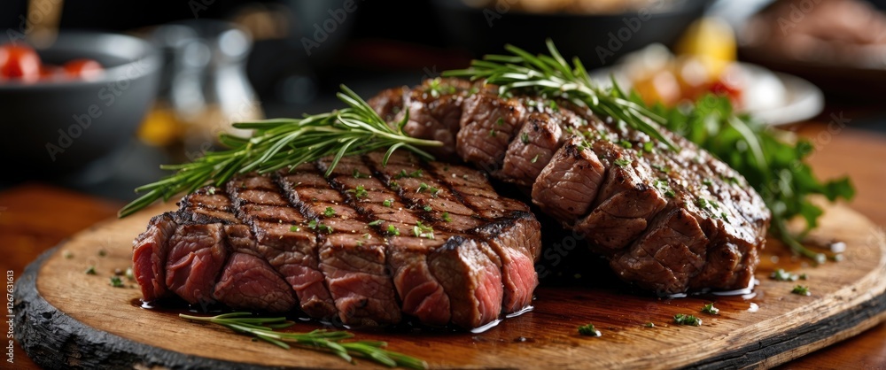 Poster succulent grilled beef steaks on a wooden board with fresh herbs and empty space for text in a cozy 