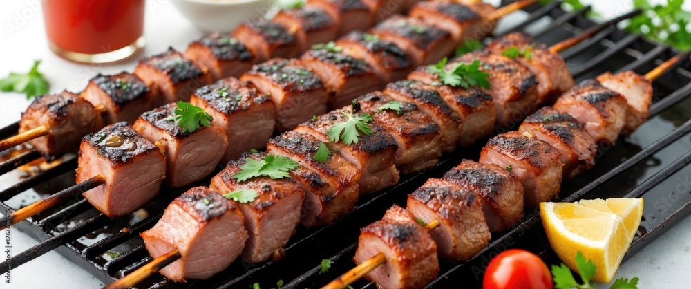 Poster delicious grilled pork kebabs on skewers with fresh herbs and vegetables isolated on white backgroun