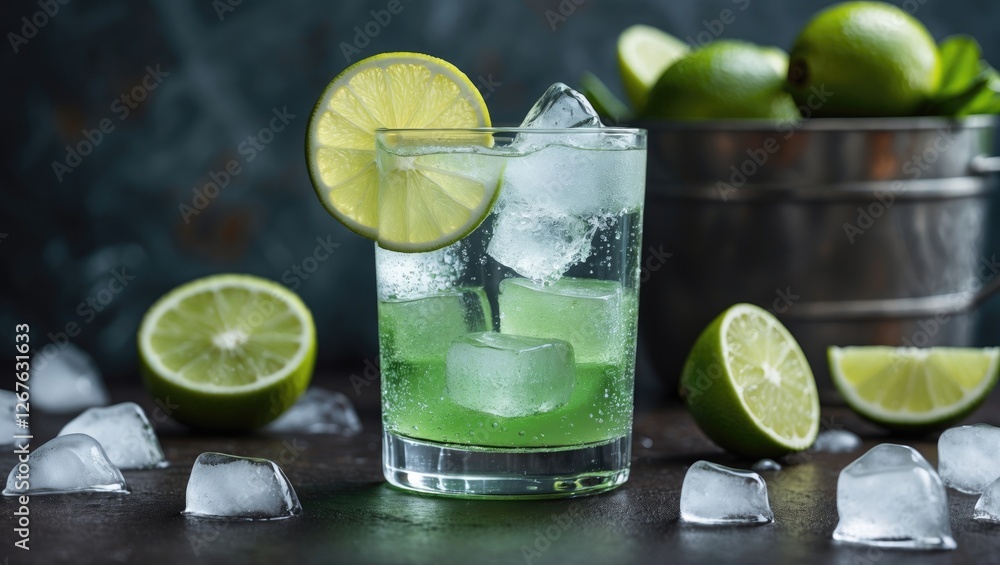 Aufkleber refreshing lime soda with ice in a glass garnished with fresh lime slices on a dark background