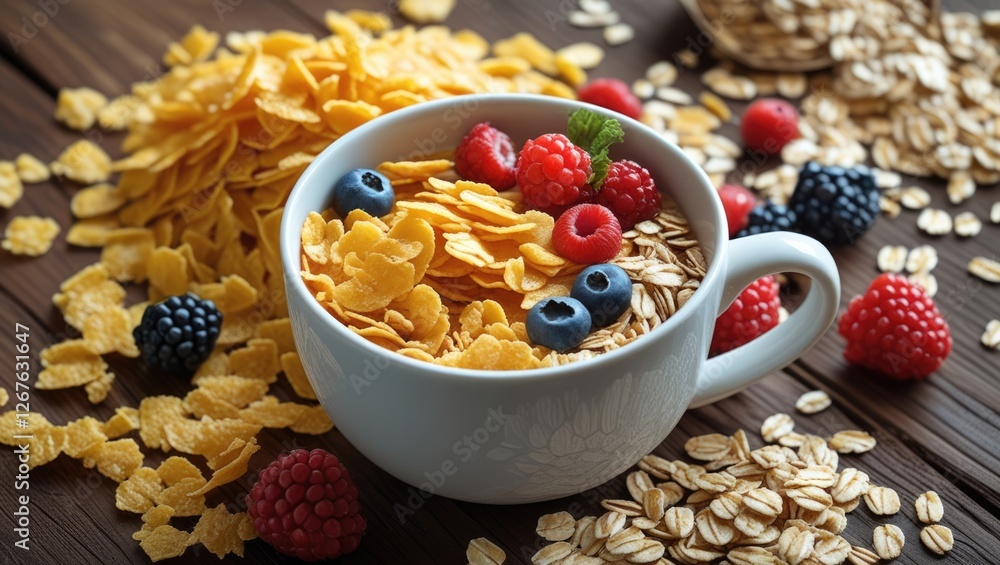 Poster golden corn flakes topped with fresh berries and oats in a cup on a rustic wooden table setting. hea