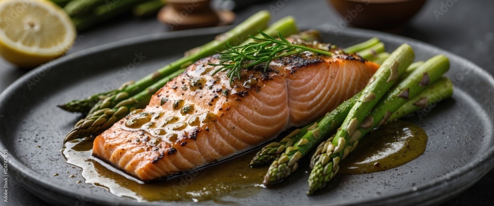 Poster grilled salmon steak served with fresh asparagus garnished with herbs on plate with empty space for 