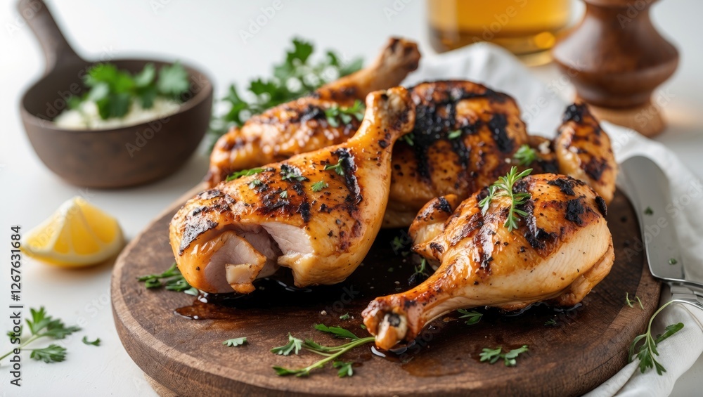 Poster grilled chicken drumsticks garnished with herbs on a wooden board with lemon and seasoning in the ba