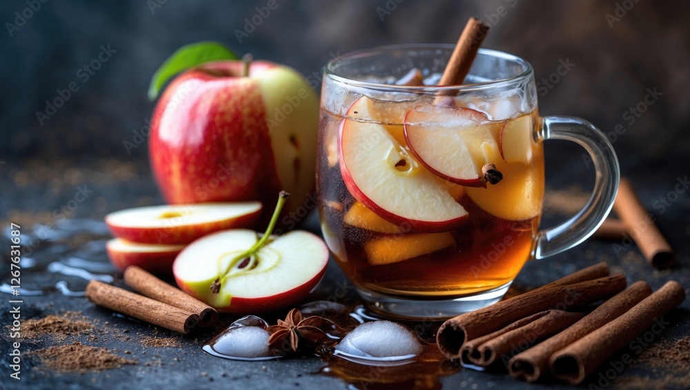 Poster Refreshing iced tea with apple slices and cinnamon sticks in a glass mug surrounded by fresh apples and spices on a rustic surface.