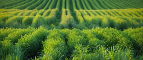 Lush Green Field with Neatly Arranged Rows of Vegetation Under Clear Blue Sky Natural Landscape Background
