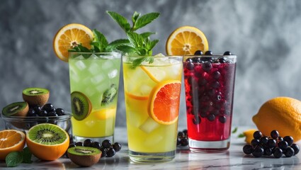Refreshing Fruit Lemonades in Glasses with Ice Mint and Fresh Fruits Orange Kiwi Black Currant on Marble Surface with Copy Space