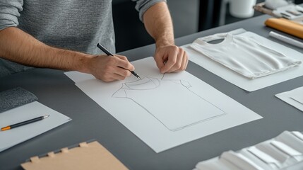 a grey luxury table, studio lighting, young white man hands sketching a luxury heavyweight 1000GSM hoodie, multiple papers on desk, working to create clothing brand