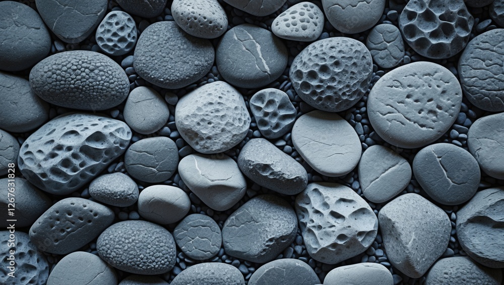 Fototapete Textured gray pebbles arranged in a natural pattern creating a calm and serene background perfect for design, layout, or artistic projects.