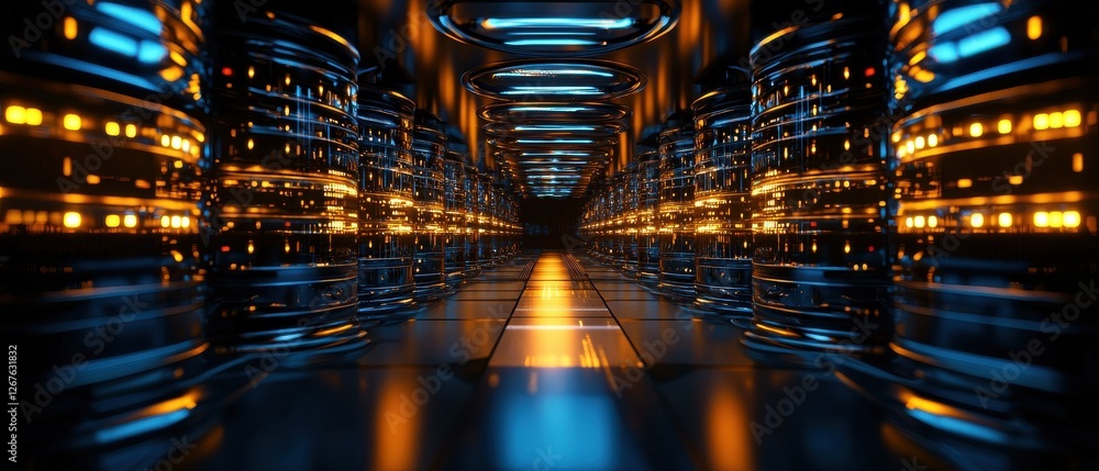 Poster a futuristic data center corridor illuminated by blue and orange lights, featuring rows of high-tech