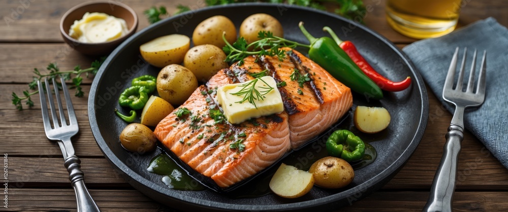 Aufkleber Grilled Salmon Steak with Potatoes and Peppers on Rustic Table Setting Featuring Butter and Fresh Herbs Ideal for Culinary Use