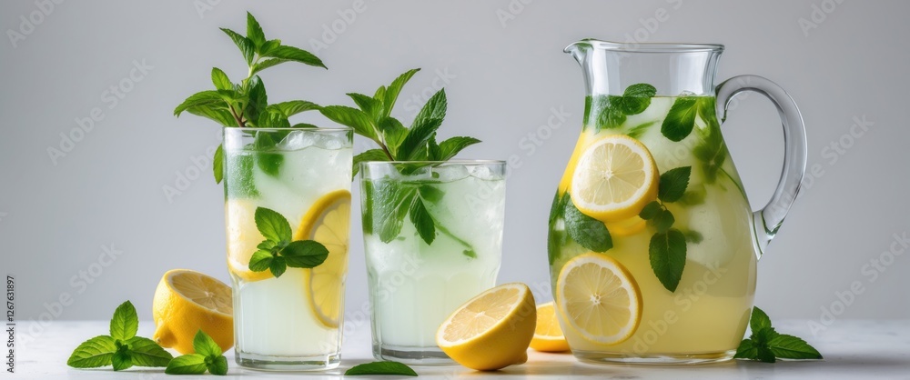 Poster refreshing lemonade with mint in glasses and pitcher on a light background perfect for summer bevera