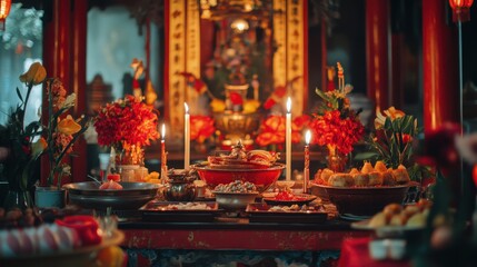 Vibrant Temple Setting with Offerings and Candles
