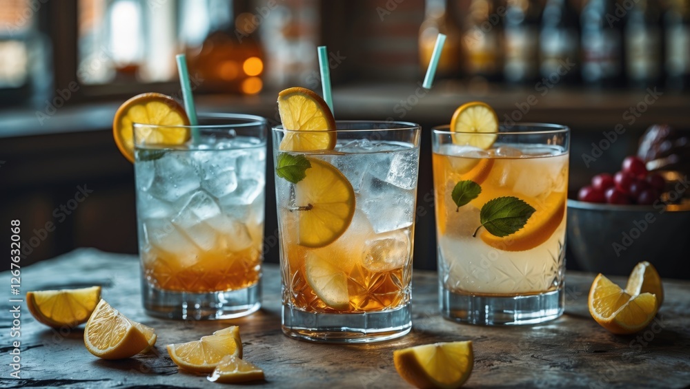 Poster refreshing cocktails with citrus garnishes served in tall glasses on a rustic table with lemon slice