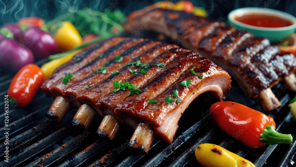 Poster Grilled Barbecue Pork Spare Ribs With Colorful Vegetables And Empty Space For Custom Text On A Smoky Grill Background