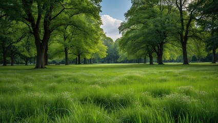 Obraz premium Lush Green Park Landscape Surrounded by Majestic Trees under a Clear Blue Sky
