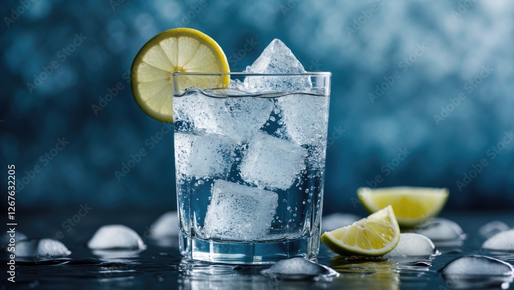 Aufkleber refreshing glass of soda water with ice and lemon wedge on a cool blue background perfect for summer