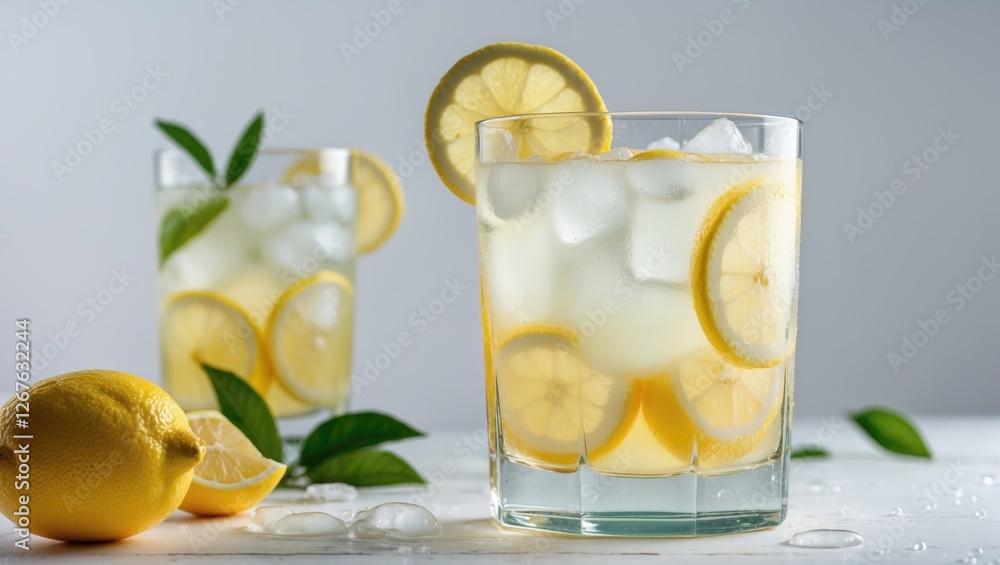 Aufkleber Refreshing Lemonade with Ice and Lemon Slices on a Bright Background Perfect for Summer Beverages and Relaxation Themes.