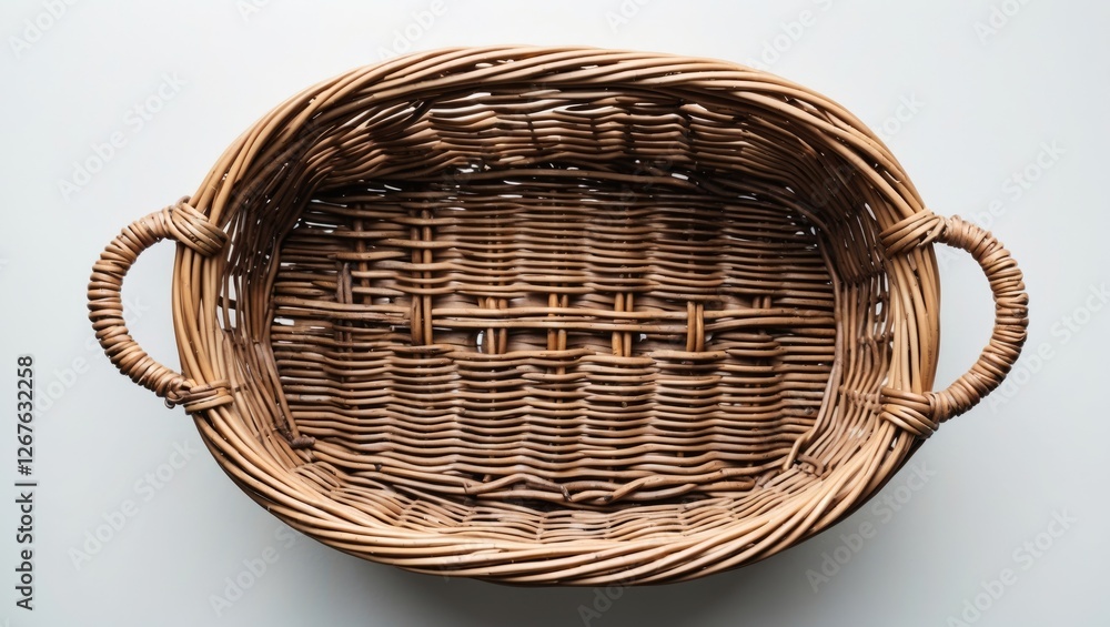Poster empty wicker basket with handles isolated on white background top view natural home decor object