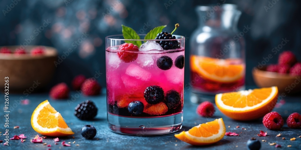Poster berry cocktail with orange slices and mint on a textured blue background, featuring vibrant colors a