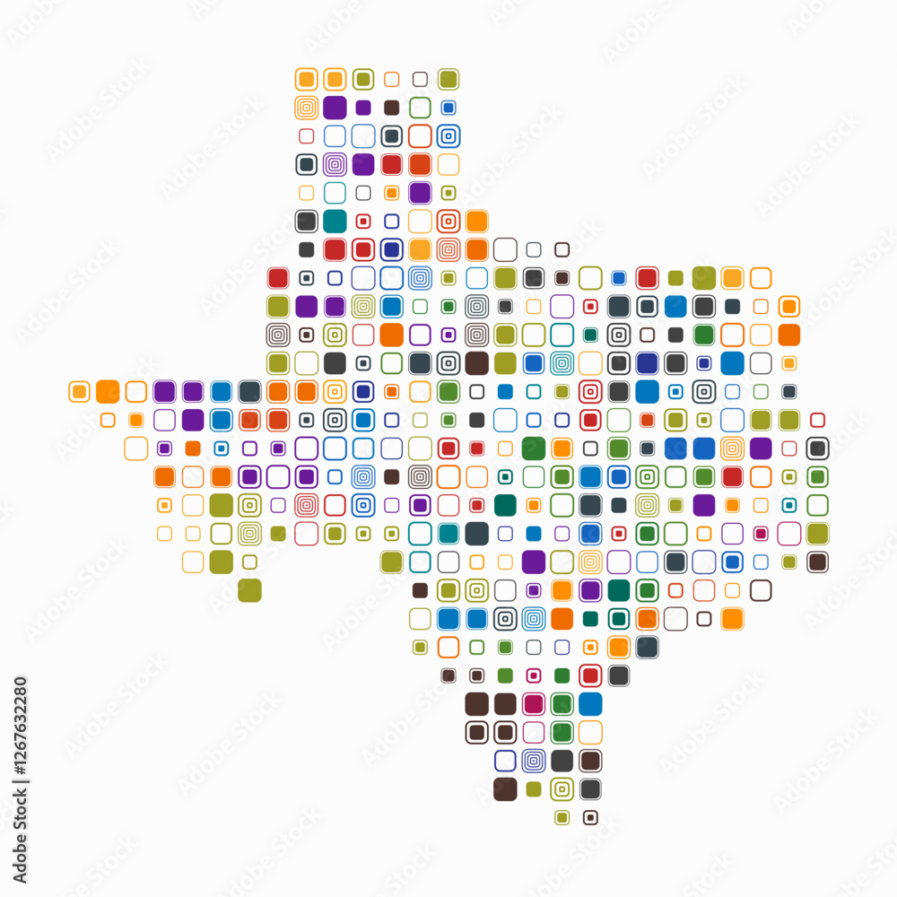 Poster texas, shape of the state built of colored cells. digital style map of texas on a white background. 