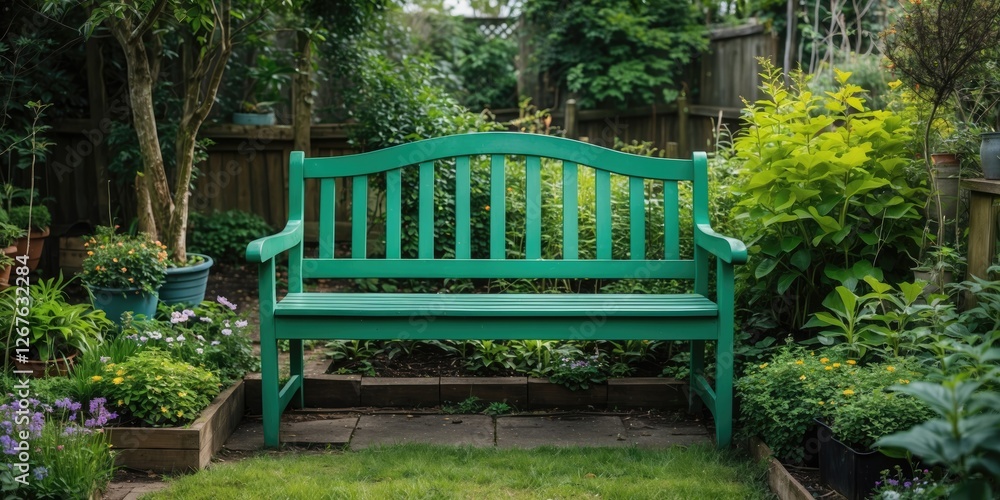 Poster serene green garden bench surrounded by lush foliage with space for text overlay in a tranquil outdo