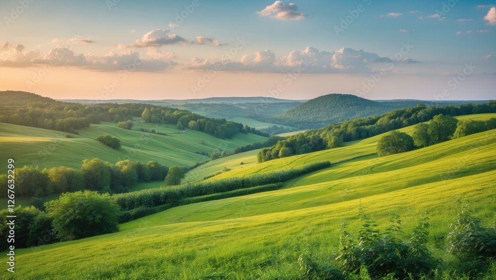 Poster summer serenity in green rolling hills with open space for text and breathable nature background